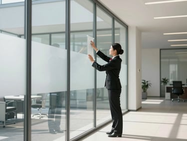 A professional day porter in a sharp black branded uniform meticulously polishing a glass partition in a sunlit modern corporate office, 35mm