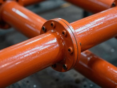 Vibrant glossy safety orange metal pipe showing crisp light reflections, industrial editorial photography