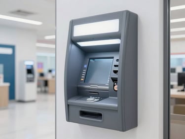 Clean, modern ATM machine installed in a brightly lit retail corridor, crisp focus