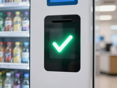Straight-on eye-level close-up of a modern vending machine contactless payment terminal glowing with a green checkmark, clean glass reflection, bright indoor commercial lighting, 35mm lens.