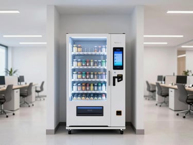 Straight-on eye-level architectural shot of a modern clean vending machine with a digital payment screen glowing in a bright, modern corporate office breakroom, high-key commercial lighting, 35mm lens.