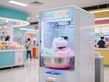 Vibrant, modern automated cotton candy vending machine in a high-traffic family entertainment center, bright commercial lighting