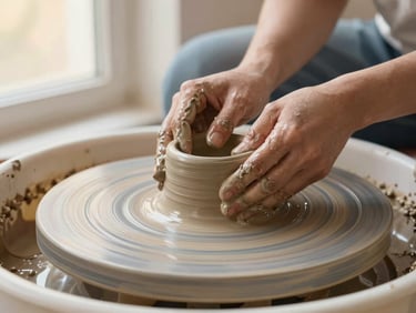 Close-up of wet clay spinning on a potter's wheel, hands gently shaping the rim, earthy tones, diffused studio lighting