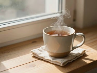 A ceramic mug steaming with hot tea sits next to a small linen napkin on a sunlit wooden windowsill, gentle shadows
