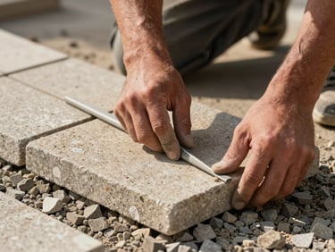 Close-up photograph of a skilled mason's hands meticulously leveling a sand-toned paving tile on a prepared aggregate base, warm directional sunlight highlighting the texture of the stone.