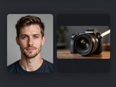 Clean UI mockup showing a static professional headshot on the left and a dynamic video preview on the right, studio lighting, subtle modern neon rim reflections