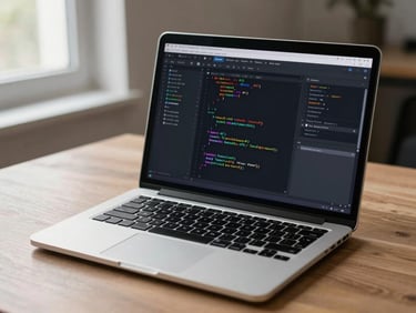Wide shot of a laptop screen showing a code editor with a short REST API snippet open, natural window light from the left, sparse desk surface, no people