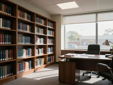 Wide environmental shot of a law office interior, bookshelves lining the wall to the left, a working desk with open files and a lamp in the center-right, natural window light casting soft shadows, no people visible