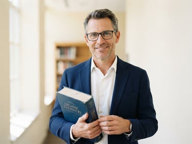 Crisp editorial portrait of a male instructor with glasses holding a textbook, bright natural daylight, clean cream background.