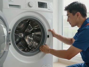 Wide environmental shot of a technician's hands pulling out a residential washing machine drum, laundry room setting, natural window light, no faces, repair context