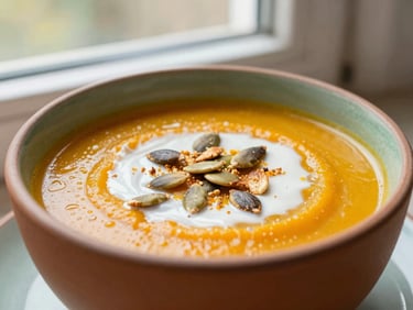 A warm ceramic bowl of roasted pumpkin soup sprinkled with toasted pumpkin seeds and a swirl of coconut milk, soft window light