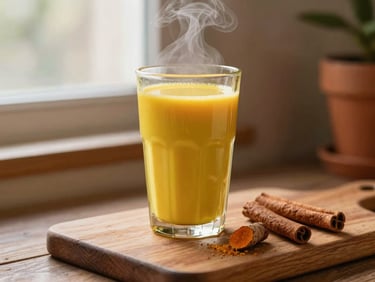A tall glass of warm spiced golden milk with turmeric and cinnamon on a wooden board, soft steam rising, cozy morning atmosphere