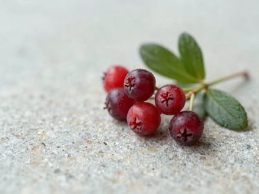 Macro shot of red bearberries and green leaves on a textured stone surface, soft natural daylight, shallow depth of field.