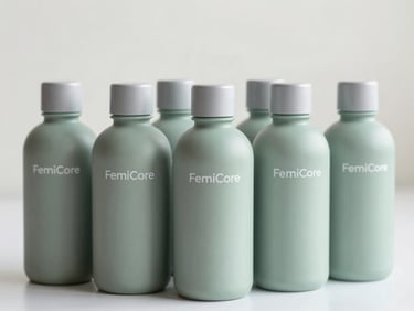 Clean product shot of six FemiCore bottles arranged neatly, soft natural light, sage and slate tones.