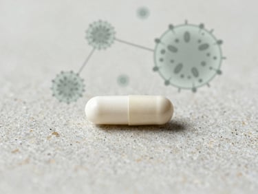 Clean white FemiCore capsule on textured stone, with a subtle scientific illustration of Lactobacillus Acidophilus in the background, soft natural daylight.