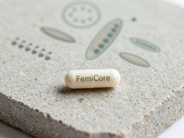 Clean white FemiCore capsule on textured stone, with a subtle scientific illustration of multiple Lactobacillus strains in the background, soft natural daylight.
