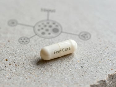 Clean white FemiCore capsule on textured stone, with a subtle scientific illustration of Lactobacillus Plantarum in the background, soft natural daylight.