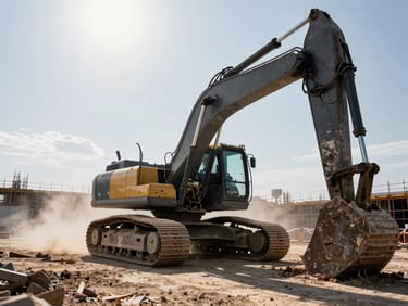 Low-angle heroic shot of a heavy-duty crawler excavator on an active construction site, dramatic morning dust motes, harsh direct sunlight, high-contrast concrete and steel tones.