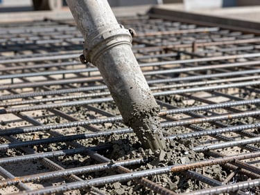 Tight macro shot of a heavy concrete pump nozzle discharging wet concrete onto steel rebar grids, high-contrast sunlight