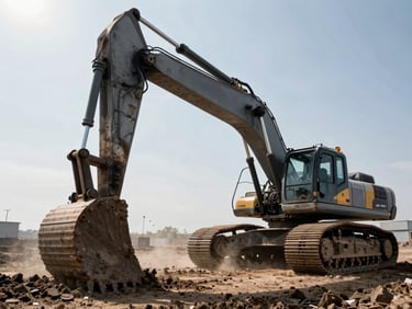 Low-angle heroic shot of a massive crawler excavator digging into dark soil under harsh daylight, concrete dust in the air