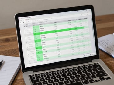 Overhead perspective of a laptop screen showing a ranking tracker spreadsheet with before-and-after keyword position columns, green highlight cells indicating moved keywords, notebook with handwritten notes beside it, neutral daylight