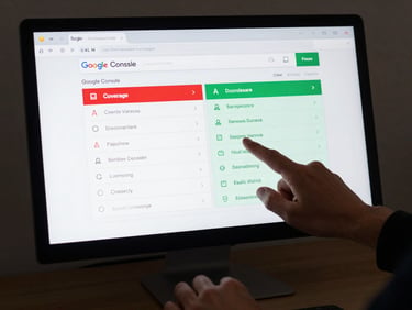 Close-up of hands pointing at a monitor displaying a Google Search Console coverage report, red errors on left and green valid pages on right showing dramatic improvement, high-contrast studio lighting, dark desk surface