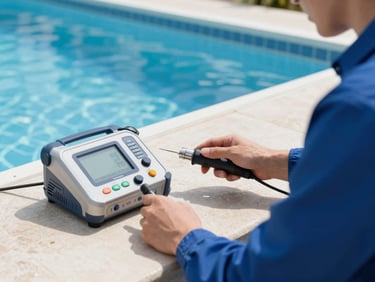 Technician using advanced ultrasonic leak detection equipment on a clean pool deck, bright natural daylight, crisp focus on tools.