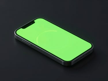 Sleek 3D render of an isometric smartphone displaying a glowing lime green minimalist countdown timer, deep shadows, neon cyan backlighting
