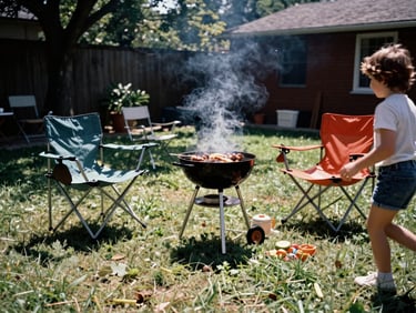 A backyard barbecue in the mid-1980s, harsh midday sun, folding chairs on patchy grass, a child running blurred at the frame edge, color print film with slight color shift toward orange