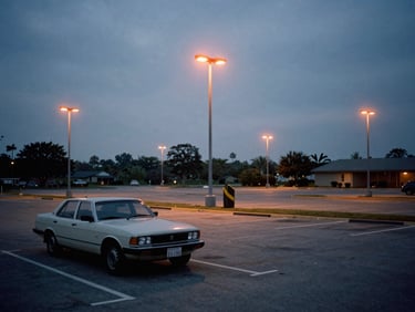 A wide shot of a parking lot at dusk in the early 1990s, sodium vapor lights beginning to glow orange, a single car in the foreground, flat overcast sky, slightly underexposed print film