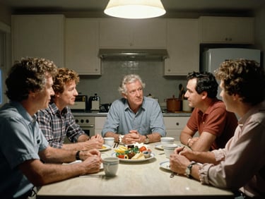 Group of adults seated around a kitchen table mid-conversation, early 1990s, flat overhead light, dishes and cups visible, documentary snapshot framing