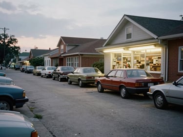 Wide view of a neighborhood block on an overcast afternoon, 1980s, parked cars lining a concrete street, fluorescent light spilling from a corner store window