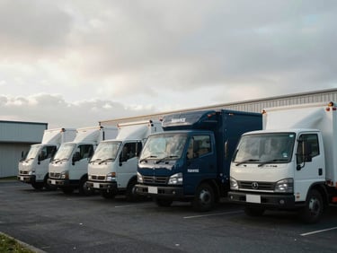 A clean regional distribution warehouse in Hawke's Bay, delivery trucks parked in soft overcast morning light, moody editorial style.