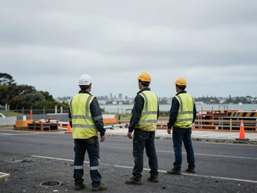 Civil infrastructure workers on-site in Auckland, high-visibility gear, soft natural daylight, honest documentary photography.
