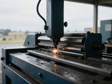 Close-up of industrial metal fabrication machinery in a Canterbury workshop, sparks flying softly, natural southern hemisphere daylight, 35mm.