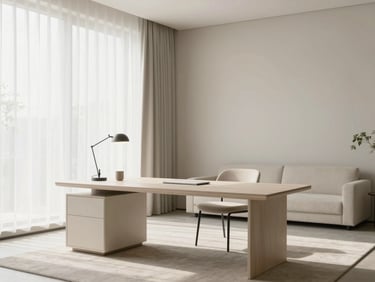 Elegant minimalist living room with a clean workspace, soft natural daylight, high-end furniture, 35mm lens