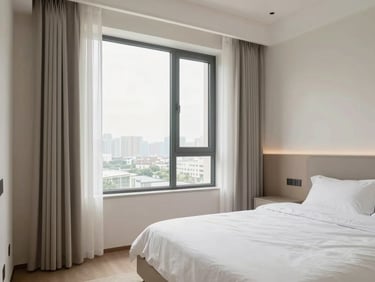 Detail of a pristine, beautifully organized bedroom in a luxury apartment, neutral tones, bright window light, 35mm lens