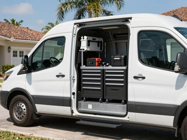 A clean mobile service van parked in a sunny Deltona residential driveway, side door open showing neatly organized tool racks and heavy-duty equipment, bright Florida daylight.