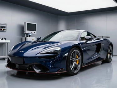 A pristine luxury sports car in a high-tech diagnostic bay, dramatic cool metallic lighting, sharp reflections on polished navy body, 35mm lens