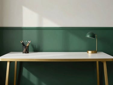 Elegant studio workspace with design tools, soft natural daylight, deep forest green and gold accents, clean minimalist composition, 35mm