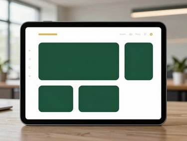 Clean UI/UX wireframe on a tablet, architectural office background, soft natural light
