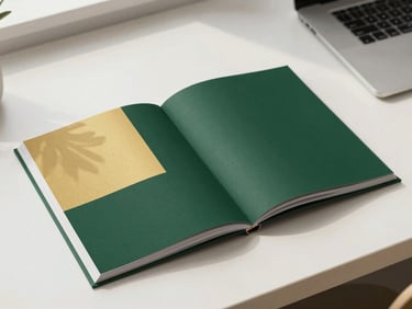 High-end mockup of a brand identity guide, open on a modern desk, soft natural light, deep forest green and gold elements, clean minimalist composition, 35mm