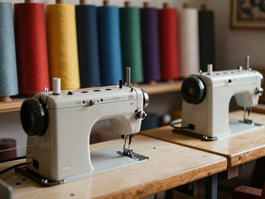 Un atelier de couture lumineux à la Médina, machines à coudre traditionnelles, rouleaux de tissus colorés en arrière-plan.