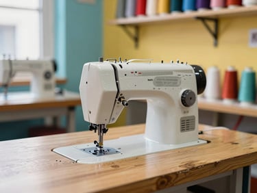 A professional sewing machine on a wooden workbench in a vibrant tailor shop in Medina, soft natural light