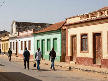 A street scene in the Médina district of Dakar, colorful colonial-style concrete houses, local residents walking past, bright Sahelian sunlight, candid medium shot.