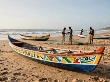 Traditional wooden pirogues painted in vibrant colors on the sandy beach of Yoff, Dakar, fishermen mending nets in the background, natural morning sunlight, wide angle.