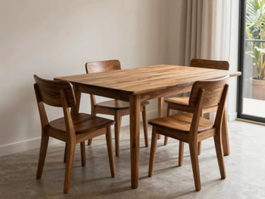 A clean wooden dining table with chairs in a sunlit Dakar apartment, local design