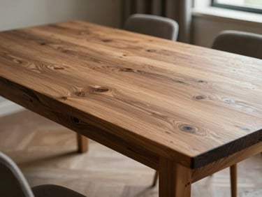 Une table en bois de teck massif vernie, fabriquée à la main par un artisan de Grand Yoff, posée dans un salon lumineux.