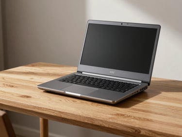 Un ordinateur portable gris moderne ouvert sur un bureau propre en bois clair, lumière douce de l'après-midi.