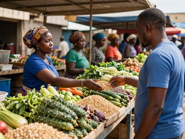 A lively local market stall in Grand Yoff, Dakar, filled with fresh vegetables and grains, a local female vendor interacting with a customer, bright natural daylight.